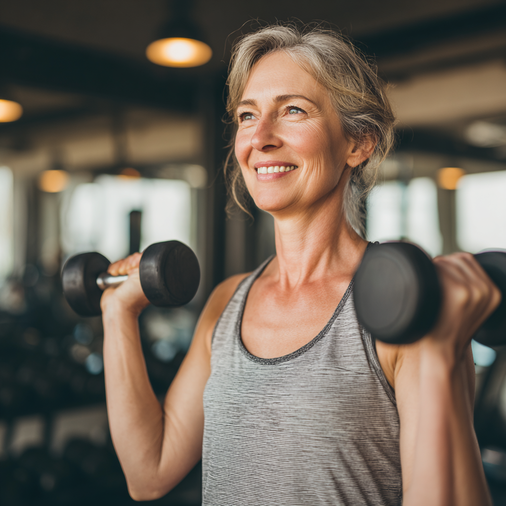 Усміхнена українська жінка середнього віку виконує вправи на координацію та баланс у фітнес-центрі